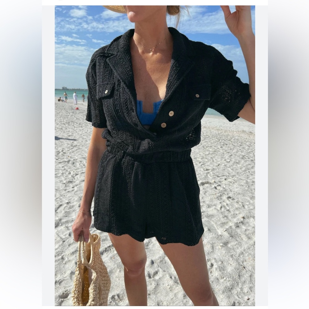 Free People FP Beach Black coarse Crochet Ryan romper